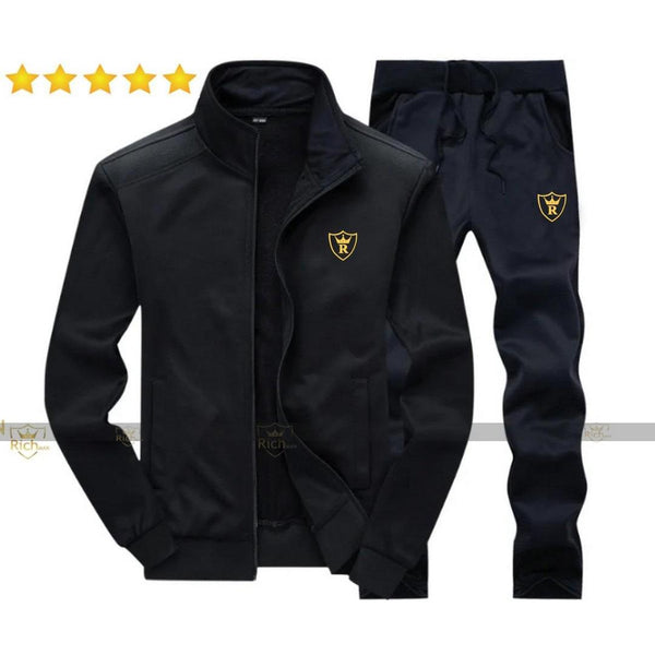 Men's Fleece Track Suit - 2 Pcs - Black - Plain Collar Design